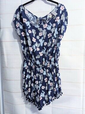 Mimi Chica Navy Floral🌸 🌵Cactus 🌵 Print Romper with Pom Trim😍 Size Medium